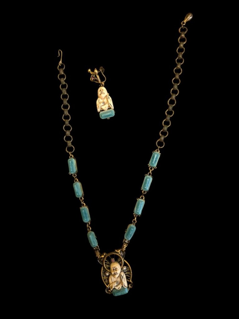 Vintage Selro Buddha Necklace  Earring Lucite Jade Faux Pearl  Rhinestone